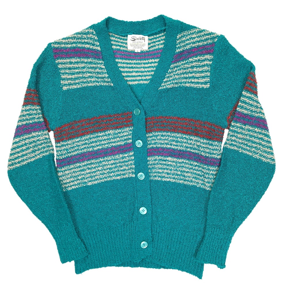 Society Vintage Teal Striped Knit Cardigan Sweater Womens Large V-Neck Korea